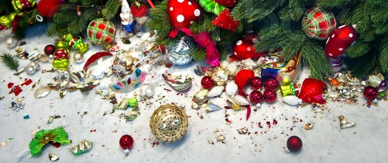 Christmas decorations strewn across a table
