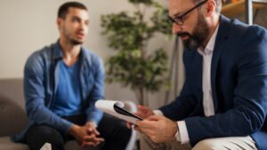 Therapist makes notes as the client talks sat in a therapy suite.