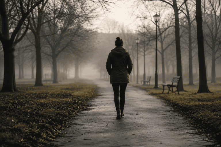 Woman standing alone on a road, concept of