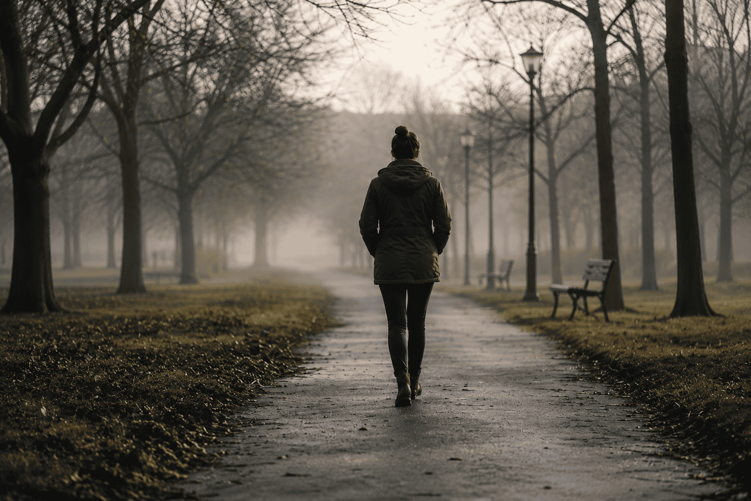 Woman standing alone on a road, concept of