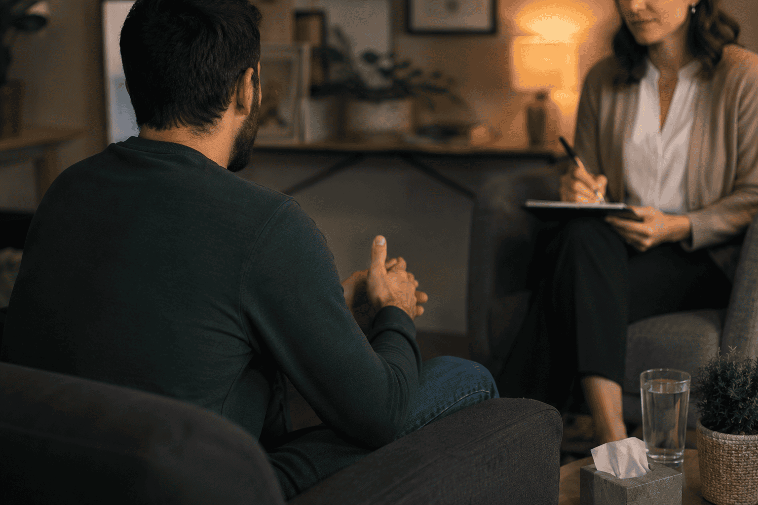 a man in a therapy session, shown discreetly with no visible face—captured from a side or slightly angled back view