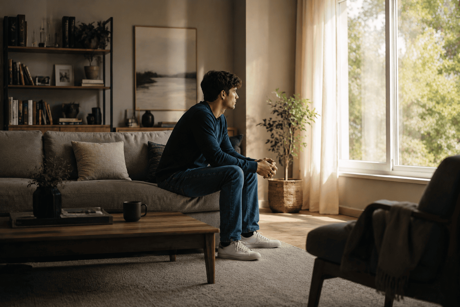 image of an adult man looking outside the room, concept of contemplating mental health and sex addiction behaviours