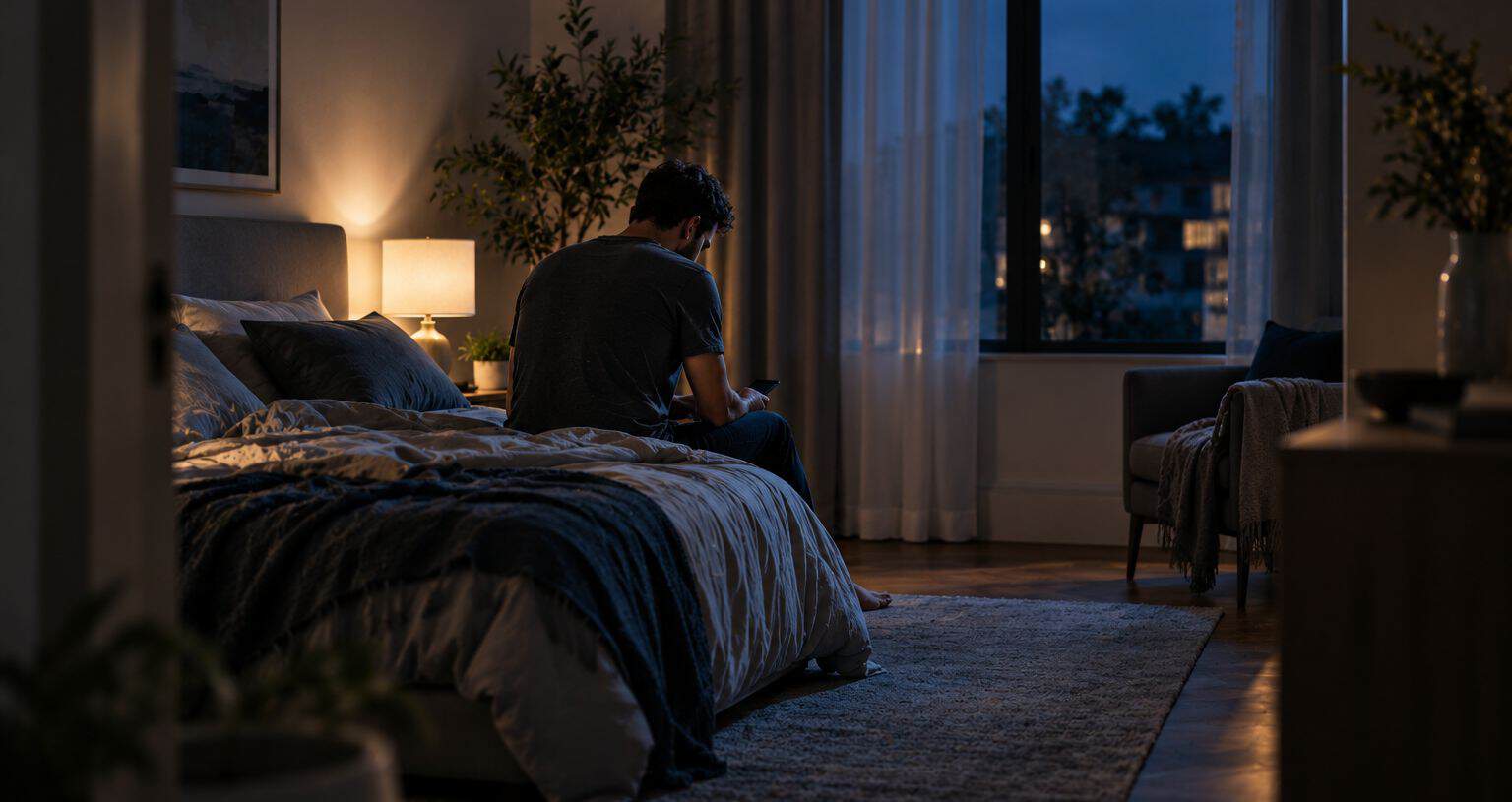 Man sitting alone in a dimly lit bedroom, looking at a partially obscured mobile phone, reflecting privacy, emotional isolation and pressures surrounding masculinity